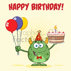 8918 Royalty Free RF Clipart Illustration Cute Green Monster Holding Up A Colorful Balloons And Birthday Cake Vector Illustration Greeting Card