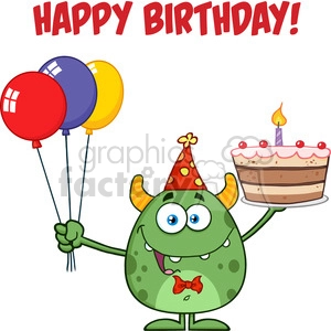 8917 Royalty Free RF Clipart Illustration Cute Green Monster Holding Up A Colorful Balloons And Birthday Cake Vector Illustration Isolated On White With Text