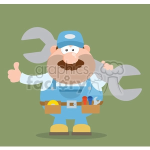 8549 Royalty Free RF Clipart Illustration Mechanic Cartoon Character Holding Huge Wrench And Giving A Thumb Up Flat Syle Vector Illustration