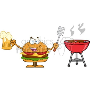 8578 Royalty Free RF Clipart Illustration Happy Hamburger Cartoon Character Holding A Beer And Bbq Slotted Spatula By A Grill Vector Illustration Isolated On White