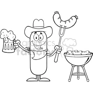 8459 Royalty Free RF Clipart Illustration Black And White Cowboy Sausage Cartoon Character Holding A Beer And Weenie Next To BBQ Vector Illustration Isolated On White