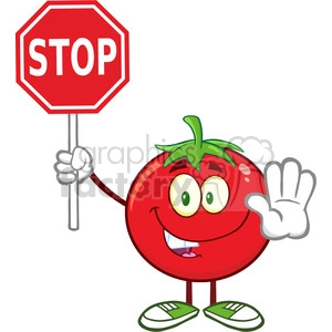 8399 Royalty Free RF Clipart Illustration Tomato Cartoon Mascot Character Gesturing And Holding A Stop Sign Vector Illustration Isolated On White