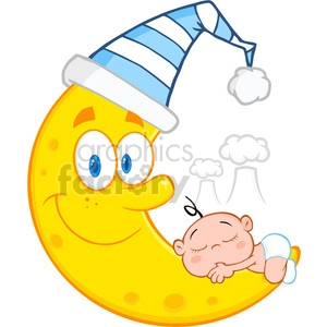Royalty Free RF Clipart Illustration Cute Baby Boy Sleeps On The Smiling Moon With Sleeping Hat