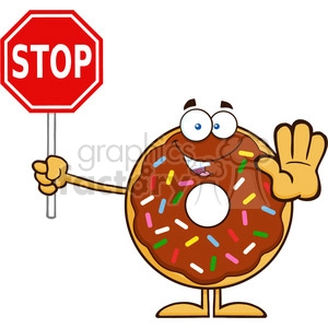 8688 Royalty Free RF Clipart Illustration Smiling Chocolate Donut Cartoon Character With Sprinkles Holding A Stop Sign Vector Illustration Isolated On White