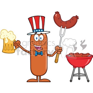 8457 Royalty Free RF Clipart Illustration Patriotic Sausage Cartoon Character Holding A Beer And Weenie Next To BBQ Vector Illustration Isolated On White