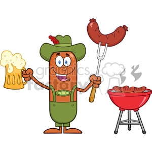 German Oktoberfest Sausage Cartoon Character Holding A Beer And Weenie Next To BBQ Vector Illustration