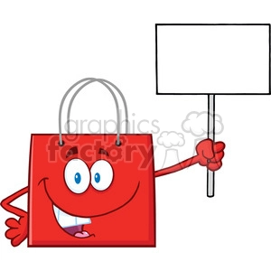 8757 Royalty Free RF Clipart Illustration Red Shopping Bag Cartoon Character Holding Up A Blank Sign Vector Illustration Isolated On White