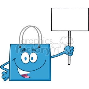 8761 Royalty Free RF Clipart Illustration Blue Shopping Bag Cartoon Character Holding Up A Blank Sign Vector Illustration Isolated On White