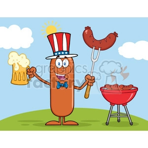 8458 Royalty Free RF Clipart Illustration Patriotic Sausage Cartoon Character Holding A Beer And Weenie Next To BBQ Vector Illustration Isolated On White