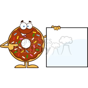 8700 Royalty Free RF Clipart Illustration Chocolate Donut Cartoon Character With Sprinkles Showing A Blank Sign Vector Illustration Isolated On White