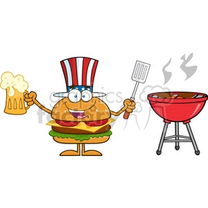8584 Royalty Free RF Clipart Illustration American Hamburger Cartoon Character Holding A Beer And Bbq Slotted Spatula By A Grill Vector Illustration Isolated On White