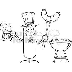 8456 Royalty Free RF Clipart Illustration Black And White Patriotic Sausage Cartoon Character Holding A Beer And Weenie Next To BBQ Vector Illustration Isolated On White
