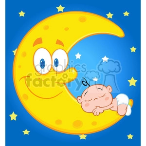 Royalty Free RF Clipart Illustration Cute Baby Boy Sleeps On The Smiling Moon Over Blue Sky With Stars
