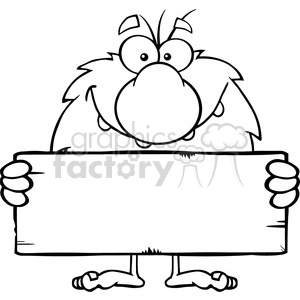 black and white funny male caveman cartoon mascot character holding a stone blank sign vector illustration