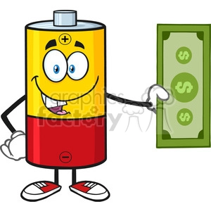 royalty free rf clipart illustration battery cartoon mascot character holding a dollar bill vector illustration isolated on white