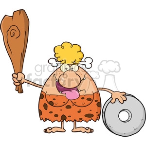 9995 happy cave woman cartoon mascot character holding a club and showing whell vector illustration