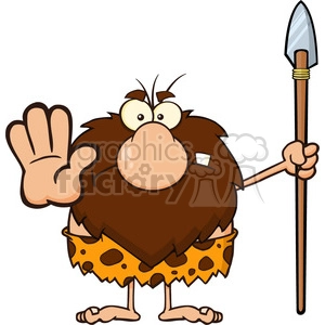9920 angry male caveman cartoon mascot character gesturing and standing with a spear vector illustration