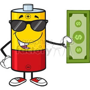 royalty free rf clipart illustration battery cartoon mascot character with sunglasses holding a dollar bill vector illustration isolated on white