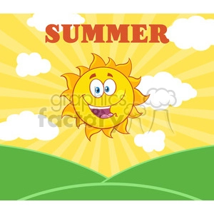 royalty free rf clipart illustration sunshine happy sun mascot cartoon character over landscape vector illustration with suburst background and text summer