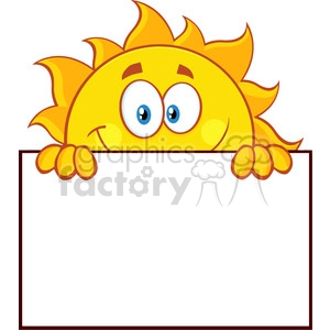 royalty free rf clipart illustration cheerful sun cartoon mascot character over a sign blank board vector illustration isolated on white background