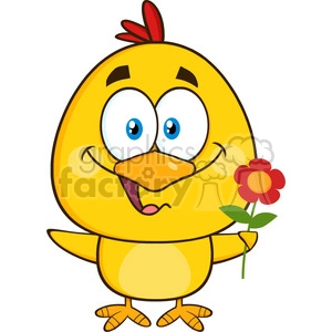 royalty free rf clipart illustration cute yellow chick cartoon character holding a flower vector illustration isolated on white