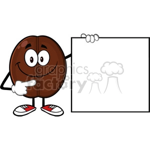 illustration smiling coffee bean cartoon mascot character pointing to a blank sign vector illustration isolated on white