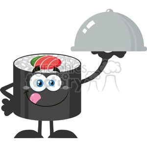 illustration sushi roll cartoon mascot character licking his lips and holding a cloche platter vector illustration flat style isolated on white