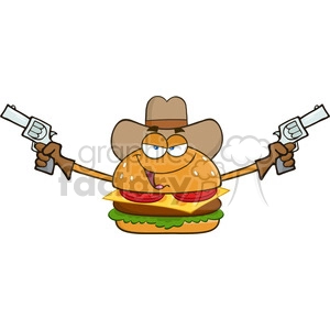 illustration cowboy burger cartoon mascot character holding up two revolvers vector illustration isolated on white background