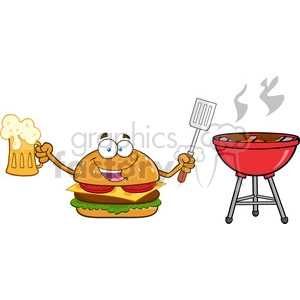 illustration happy burger cartoon mascot character holding a beer and bbq slotted spatula by a grill vector illustration isolated on white background