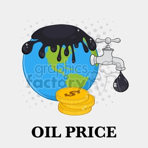 royalty free rf clipart illustration oil pouring over earth with faucet and petroleum drop design vector illustration with background and text oil price