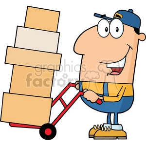 royalty free rf clipart illustration delivery man cartoon character using a dolly to move boxes vector illustration with isolated on white