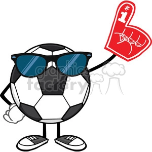 soccer ball faceless cartoon mascot character with sunglasses wearing a foam finger vector illustration isolated on white background