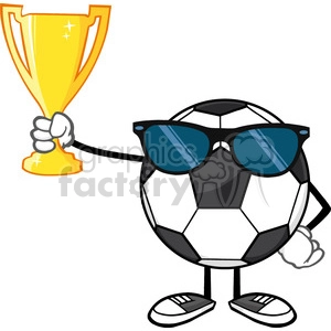 winner soccer ball faceless cartoon character with sunglasses holding a golden trophy cup vector illustration isolated on white background