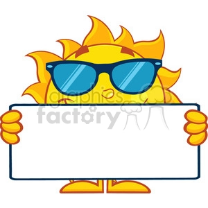 The clipart image shows a stylized sun character with a smiling face, wearing dark sunglasses, and holding a blank white sign or banner. The sun has yellow rays extending outward and is standing on two legs.