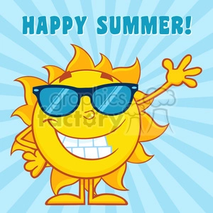 Keywords: Cartoon Sun, Sunglasses, Happy, Summer Greeting, Blue Striped Background, Waving.