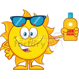 This clipart image features an anthropomorphic sun character. The sun is smiling and has a cheerful expression with large, friendly eyes. It's wearing sunglasses indicative of UV protection. In one hand, the sun character is holding a bottle of sun cream or sunscreen, emphasizing the importance of sun safety. The overall theme suggests vacation or holiday sun safety.
