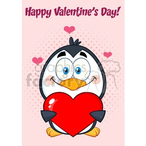 cute penguin cartoon character holding valentine love heart. vector illustration greeting card