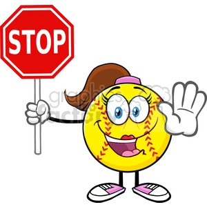 cute softball girl cartoon mascot character gesturing and holding a stop sign vector illustration isolated on white background