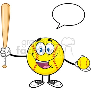 talking softball player cartoon character holding a bat and ball with speech bubble vector illustration isolated on white background