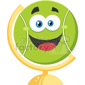 happy tennis ball cartoon character on desk globe vector illustration flat style isolated on white