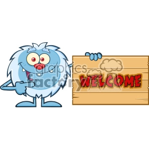 Cute Little Yeti Cartoon Mascot Character Pointing To A Welcome Wooden Sign Vector
