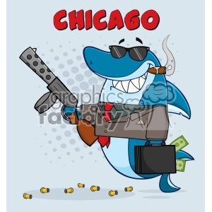 Smiling Shark Gangster Cartoon Carrying A Briefcase Holding A Big Gun And Smoking A Cigar Vector With Gray Halftone Background And Text Chicago