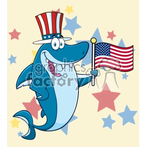 The clipart image features an anthropomorphic shark character. The shark stands upright and grins widely, showcasing a set of sharp teeth typical of a shark's smile. The character is dressed in a patriotic fashion, wearing a top hat that is designed to resemble the United States flag, with horizontal red and white stripes and a blue band adorned with white stars. The shark is also holding an American flag on a flagpole in its fin, waving it to its side. The background has a pattern of scattered stars in red, blue, and beige tones, suggesting a festive or celebratory occasion, such as Independence Day or a political event.