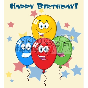 10776 Royalty Free RF Clipart Happy Four Colorful Balloons Cartoon Mascot Character With Expressions Vector With Stars Background And Text Happy Birthday