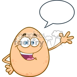 10959 Royalty Free RF Clipart Happy Egg Cartoon Mascot Character Waving For Greeting With Speech Bubble Vector Illustration