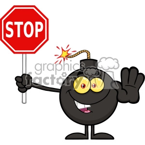 10783 Royalty Free RF Clipart Cute Bomb Cartoon Mascot Character Gesturing And Holding A Stop Sign Vector Illustration