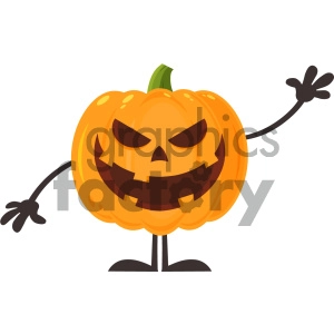 Grinning Evil Halloween Pumpkin Cartoon Emoji Character Waving For Greeting Vector Illustration Flat Design Style Isolated On White Background