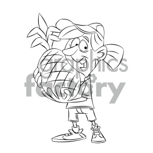 black and white cartoon girl holding huge pineapple