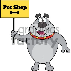 The clipart image features a cartoon dog standing upright and holding a yellow sign with the words Pet Shop, which also has a bone symbol on it. The dog appears cheerful and is wearing a red collar with yellow dots.