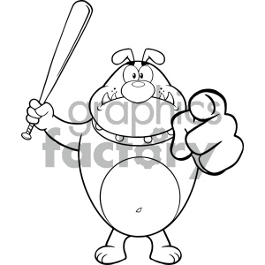 Royalty Free RF Clipart Illustration Black And White Angry Bulldog Cartoon Mascot Character Holding A Bat And Pointing Vector Illustration Isolated On White Background